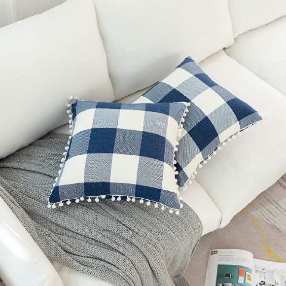 Classic Blue/White Gingham Pompom Farmhouse Preppy Throw Pillow Cover Set - Picture 2 of 8